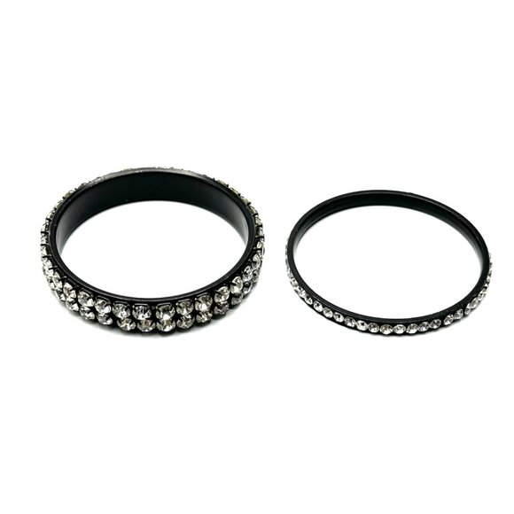 Clear Rhinestones on Gunmetal Bangle Set — 1980s Goth Rock Style — Size 8 — EUC - Picture 2 of 12